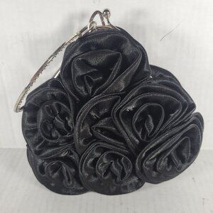 Black Satin Rose Classic Elegant Rhinestone Silver Handle Triangle Clutch Purse